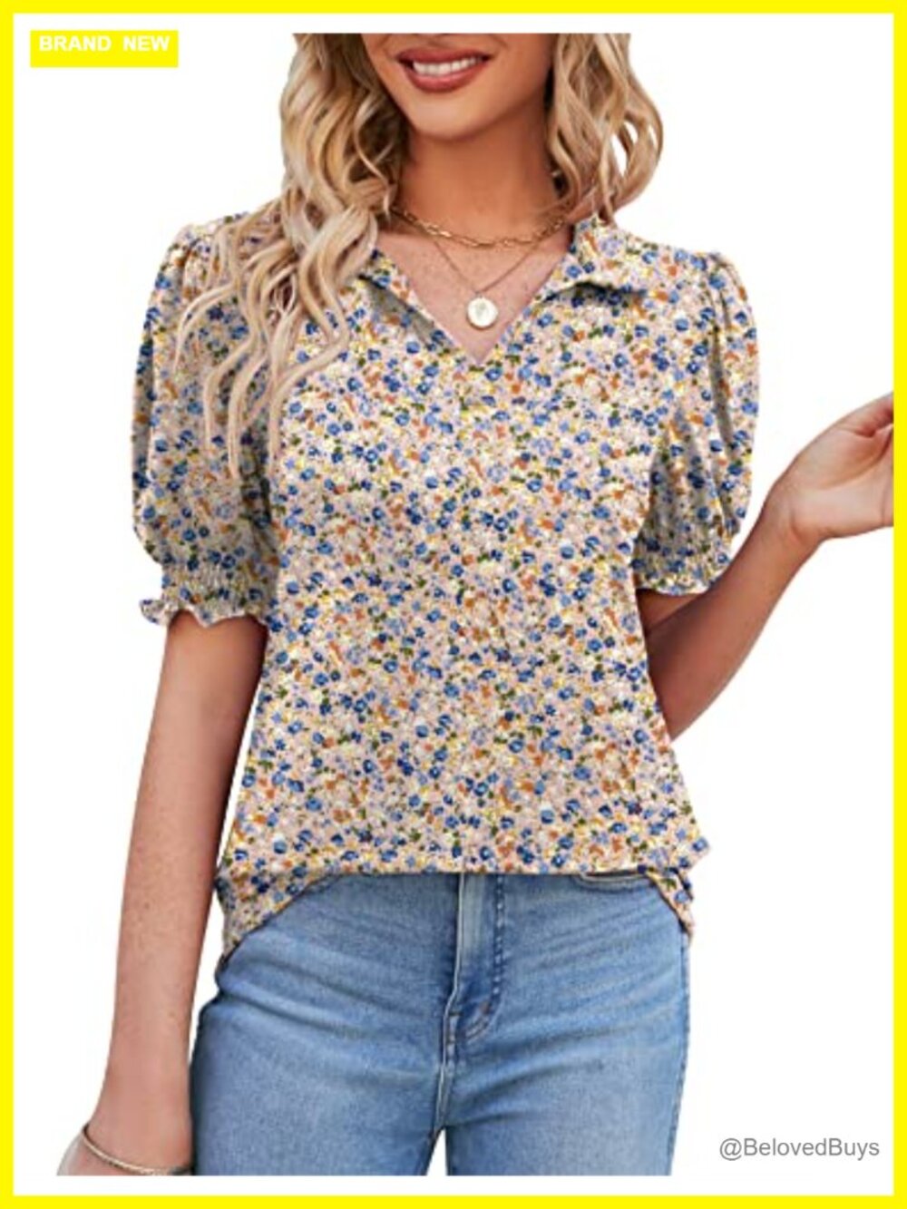Women's Puffy Short Sleeve Polo Tunic Blouse V-Neck Collared Business Casual